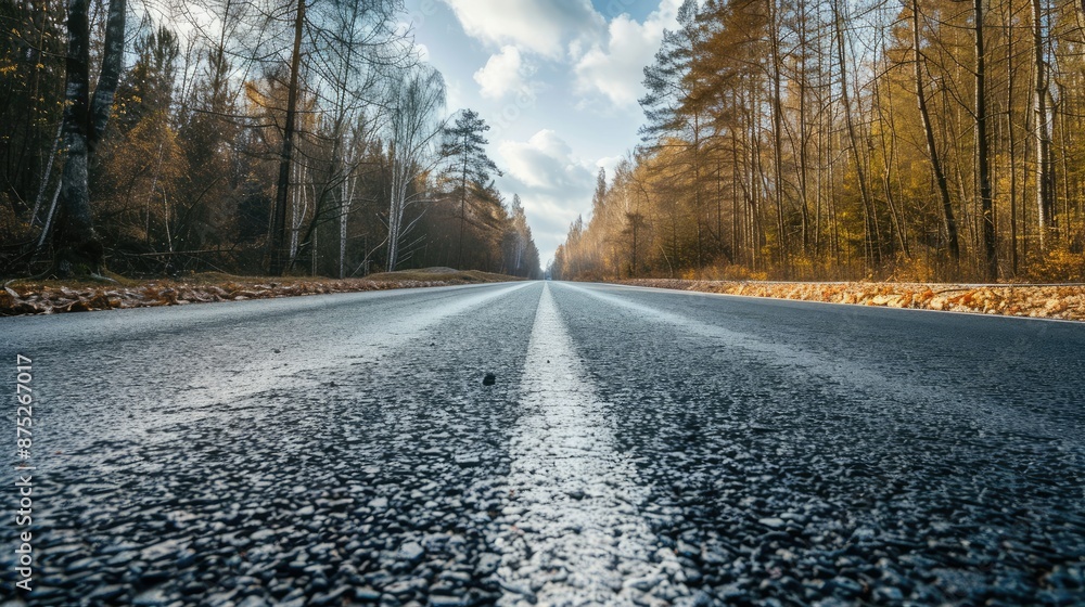 Fototapeta premium Empty road in summer through leafless forest with sky 