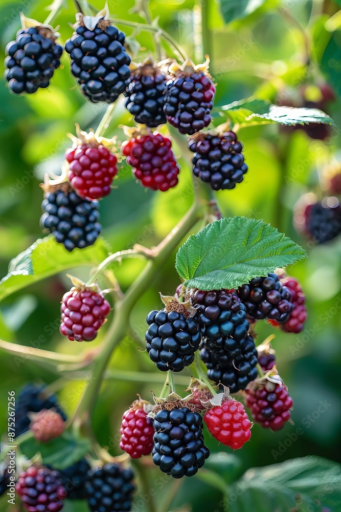 Blackberries grow in the garden. Ripe and unripe blackberries on bush Generative AI, Blackberries grow in the garden. Ripe and unripe blackberries on bush Generative AI,