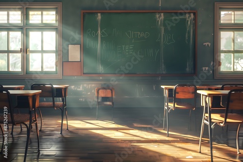 Warm of an empty classroom with rustic green walls, wooden desks, and chairs bathed in sunlight streaming through large windows