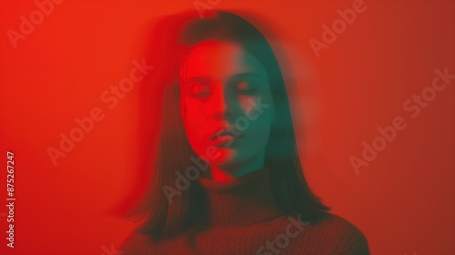 A woman's face is illuminated by red and green light, creating a colorful and abstract portrait