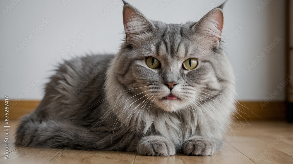 A close-up of a grey Maine Coon cat with striking yellow eyes and its tongue sticking out, outdoors. A close-up of a grey Maine Coon cat with striking yellow eyes and its tongue sticking out, outdoors.