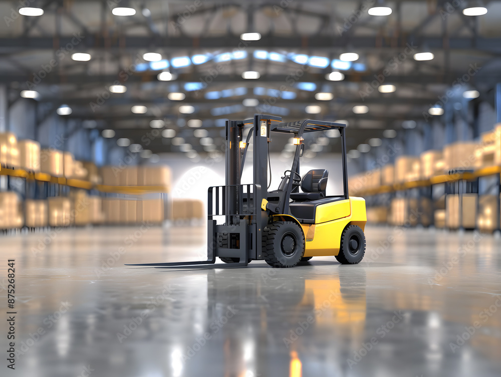 Forklift indoors in a warehouse with boxes. Neural network AI generated art