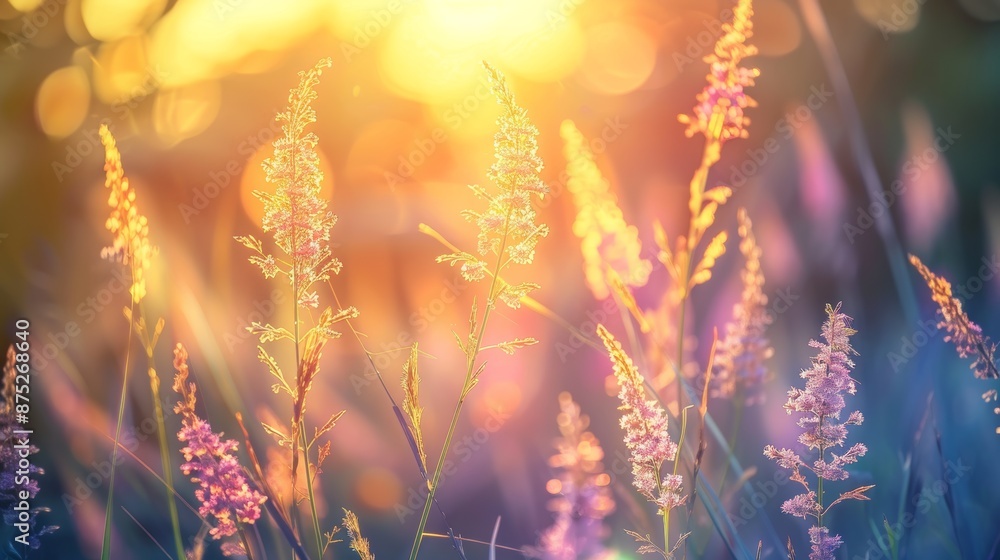 Fototapeta premium Grass flowers in nature background with sunset Soft focus beautiful flowers in the garden