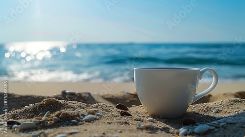 Fototapeta Naklejka Na Ścianę i Meble -  white cup with tea or coffee on sand beach front of sea close up