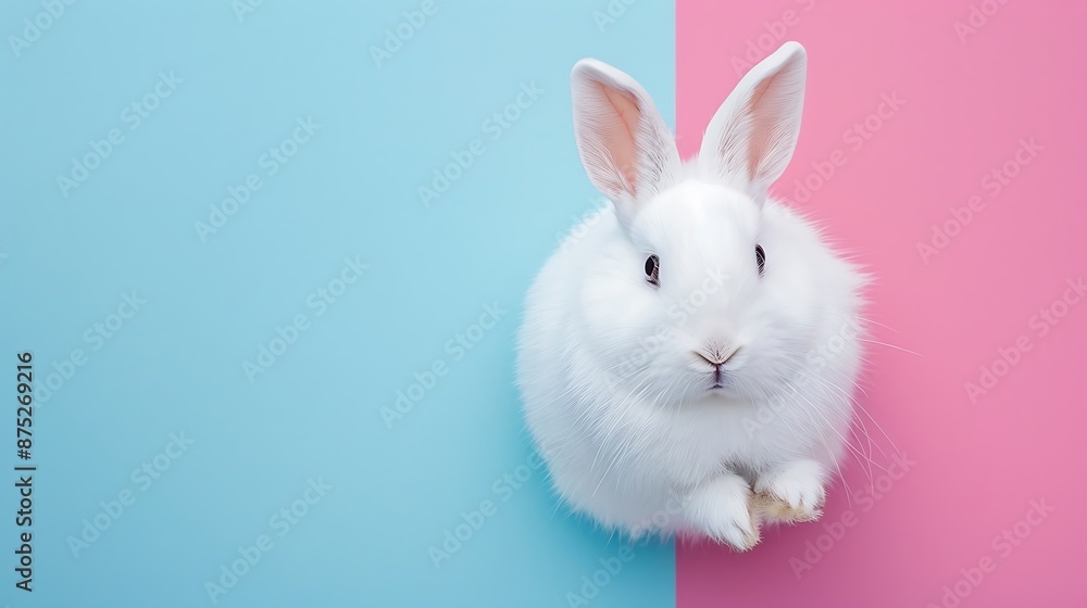 white fluffy bunny isolated on pink and blue background white fluffy bunny isolated on pink and blue background