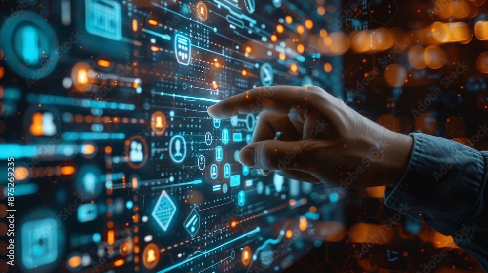 Man hands and finger touch glowing risk management hologram Man hands and finger touch glowing risk management hologram
