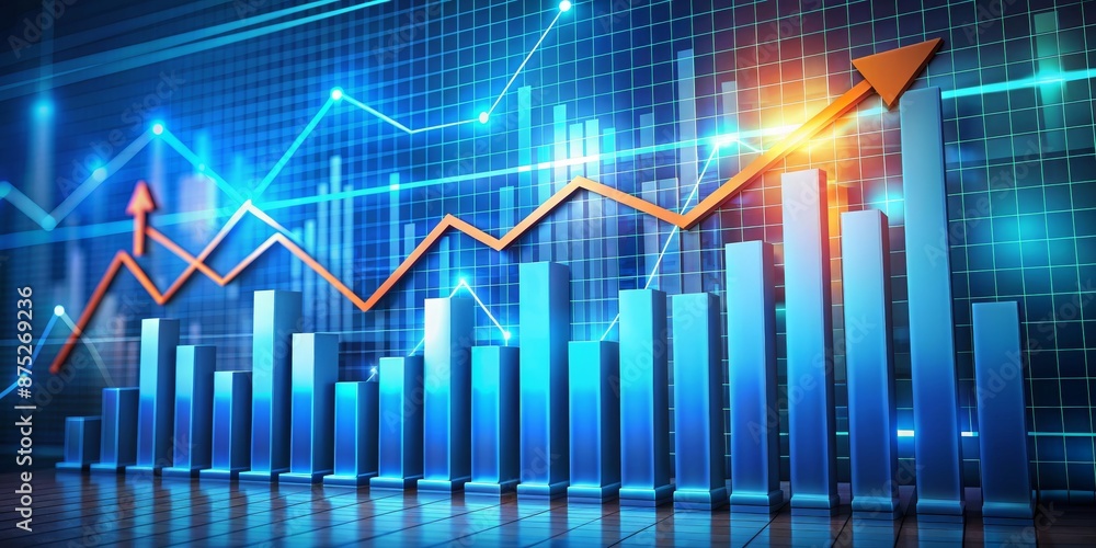 3D Blue Bars Graph with Orange Arrow Up Showing Growth and Success 3D Blue Bars Graph with Orange Arrow Up Showing Growth and Success