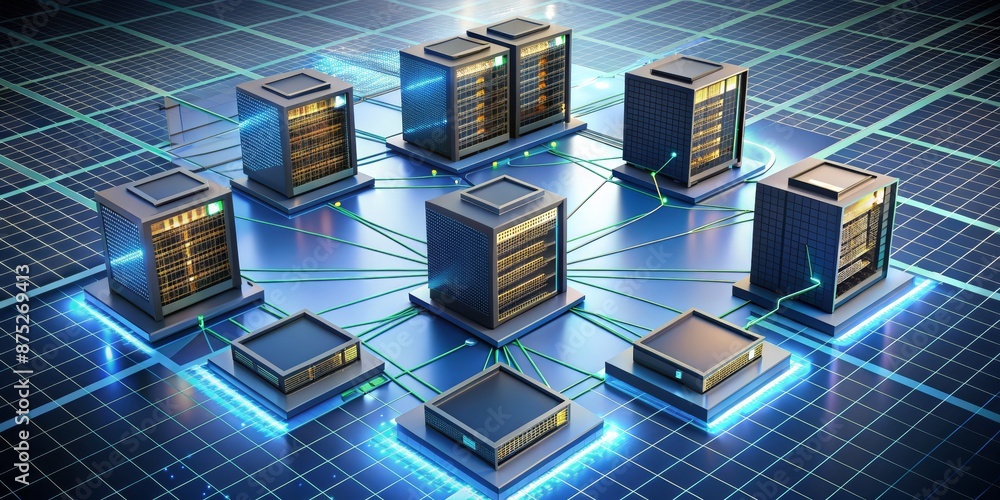 3D Rendered Network of Servers on Glowing Grid
3D Rendered Network of Servers on Glowing Grid
