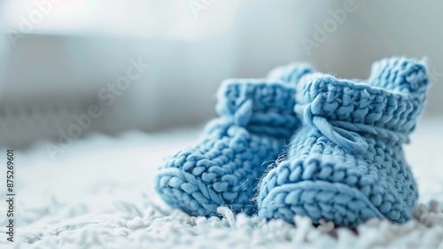 baby booties on a white background. Selective focus. photo