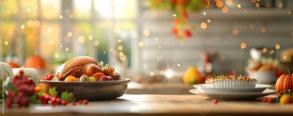 3D illustration of a Thanksgiving dinner table, laden with turkey, pies, and side dishes, vibrant autumn colors, cozy atmosphere 3D illustration of a Thanksgiving dinner table, laden with turkey, pies, and side dishes, vibrant autumn colors, cozy atmosphere