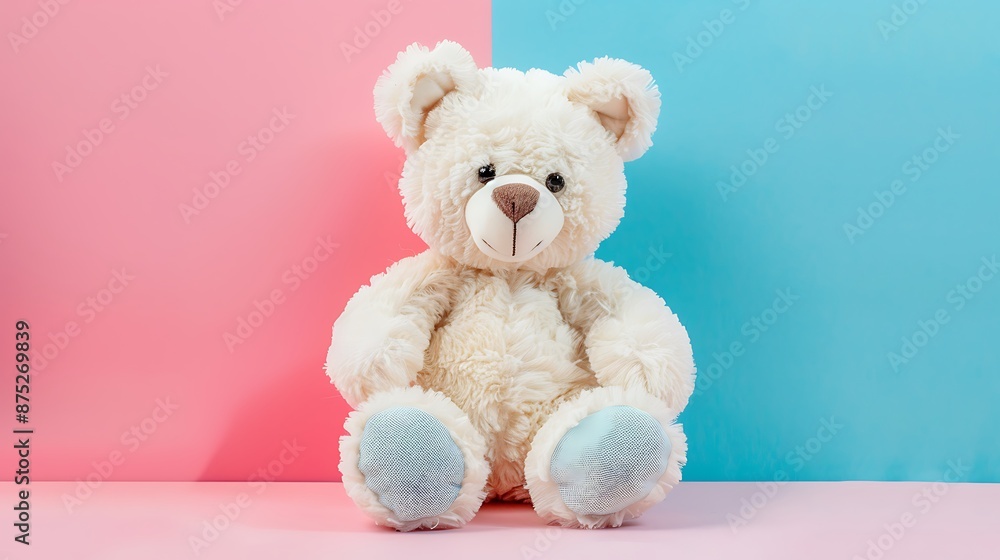 White soft teddy bear toy isolated on pink and blue background White soft teddy bear toy isolated on pink and blue background