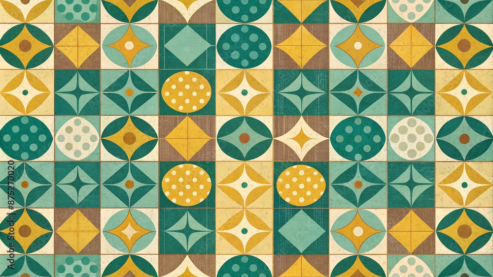 Old grid with colorful shapes in teal, mustard, and olive. Ideal for prints, wallpapers, and decor Old grid with colorful shapes in teal, mustard, and olive. Ideal for prints, wallpapers, and decor