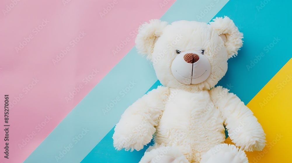 White teddy bear toy isolated on colorful background