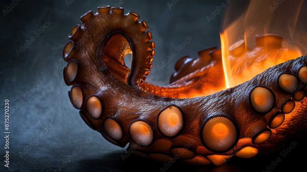 Octopus Tentacle Grilling on Open Flame Close-up of an octopus tentacle being grilled over an open flame, showcasing the texture and culinary process Octopus Tentacle Grilling on Open Flame Close-up of an octopus tentacle being grilled over an open flame, showcasing the texture and culinary process