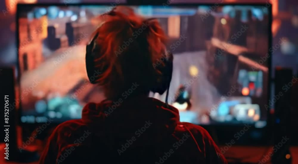 A young man deeply engaged in playing a video game. He is wearing headphones and sitting in front of a large screen, which displays a vibrant and immersive game environment A young man deeply engaged in playing a video game. He is wearing headphones and sitting in front of a large screen, which displays a vibrant and immersive game environment