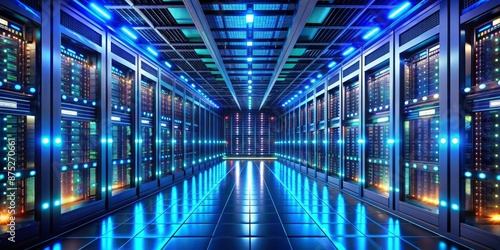 Blue Illuminated Server Room Corridor - Network Data Center Technology