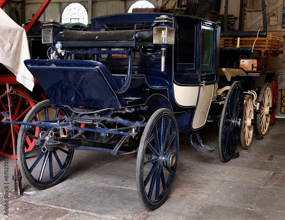 Fototapeta premium Title: Beamish, County Durham, UK. July 2024. Vintage horse drawn carriage.