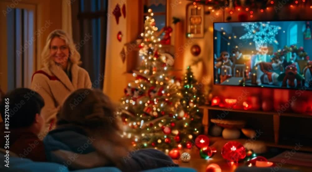 A family enjoying a cozy evening together watching a Christmas movie. They are sitting on a couch, surrounded by festive decorations, including a beautifully decorated Christmas tree A family enjoying a cozy evening together watching a Christmas movie. They are sitting on a couch, surrounded by festive decorations, including a beautifully decorated Christmas tree