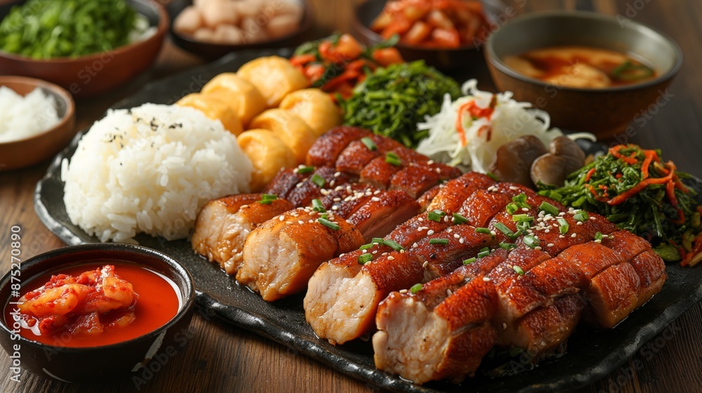 A delectable barbecue spread featuring perfectly grilled pork, paired with rice, pickles, and various sides. A delectable barbecue spread featuring perfectly grilled pork, paired with rice, pickles, and various sides.