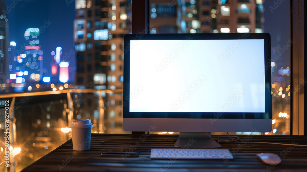 A mock-up of a computer with a white screen, alongside a camera and office supplies, set on a photographer's workstation, would typically include: A mock-up of a computer with a white screen, alongside a camera and office supplies, set on a photographer's workstation, would typically include: