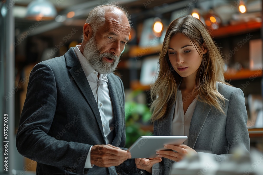 Fototapeta premium Professional executives discussing digital project on tablet in office meeting