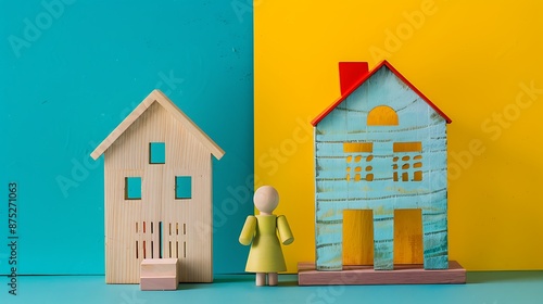 Wooden doll and house isolated on colorful background