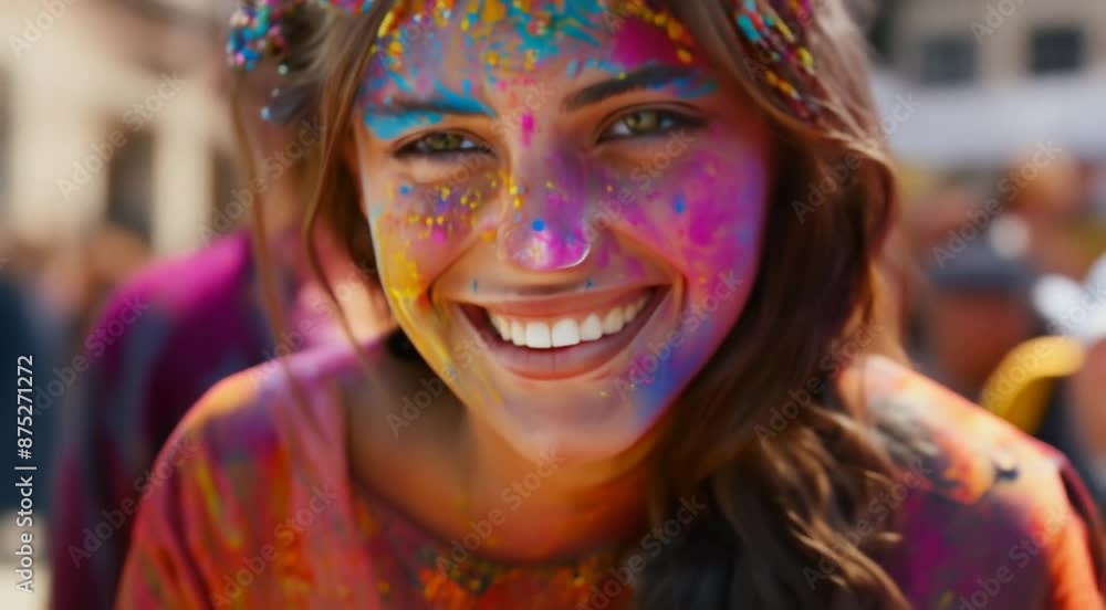 A vibrant close-up of a woman smiling with her face covered in colorful Holi powder, celebrating the festival of colors with joy and excitement. A vibrant close-up of a woman smiling with her face covered in colorful Holi powder, celebrating the festival of colors with joy and excitement.