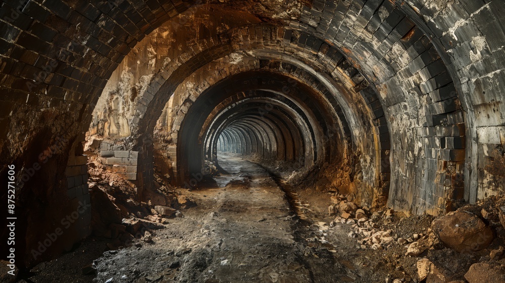 Naklejka premium The eerie expanse of an abandoned mine tunnel, echoing the silent stories of its past.