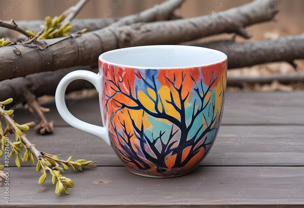 A colorful ceramic mug printed with trees and branches, sitting on a wooden surface next to some branches and leaves A colorful ceramic mug printed with trees and branches, sitting on a wooden surface next to some branches and leaves