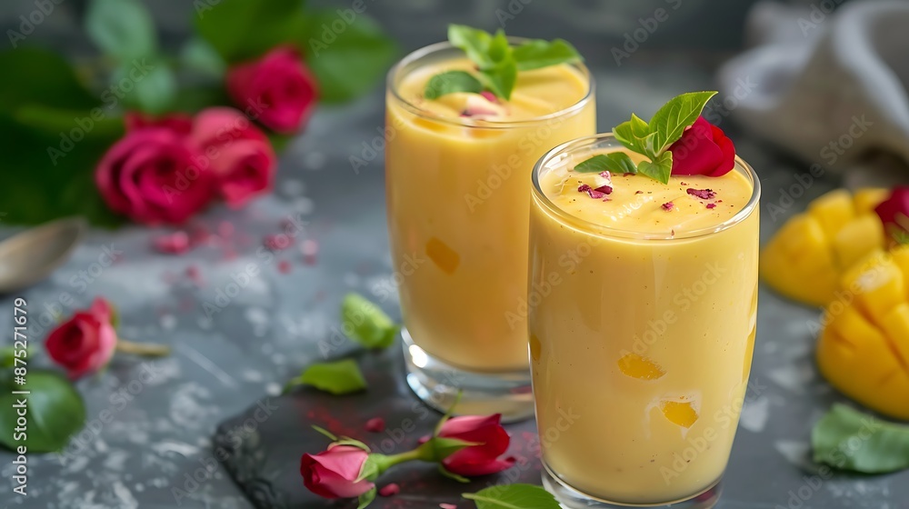 Yoghurt Lassi Drinks smoothie with mango and rose for ramadan iftar breakfast Yoghurt Lassi Drinks smoothie with mango and rose for ramadan iftar breakfast