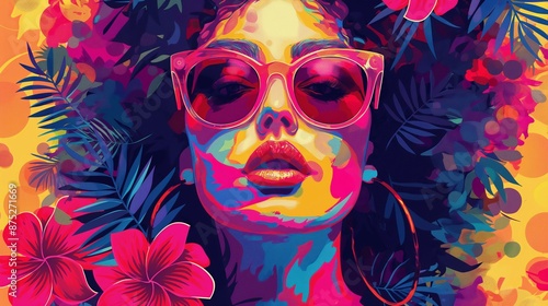 A colorful and abstract digital artwork of a woman wearing sunglasses, surrounded by vibrant tropical flora. © Yekaterina