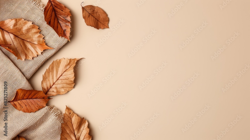Autumn background with brown leaves and burlap fabric on the left side of the image Autumn background with brown leaves and burlap fabric on the left side of the image