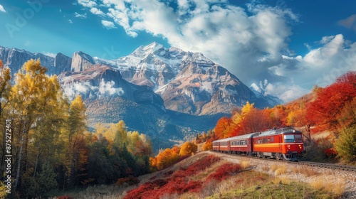 Train driving through mountain path photo