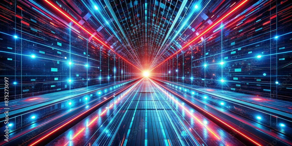Futuristic Neon Tunnel with Red and Blue Lights, 3D Rendering - Digital Art, Abstract, Cyberspace, Technology, Glow Futuristic Neon Tunnel with Red and Blue Lights, 3D Rendering - Digital Art, Abstract, Cyberspace, Technology, Glow