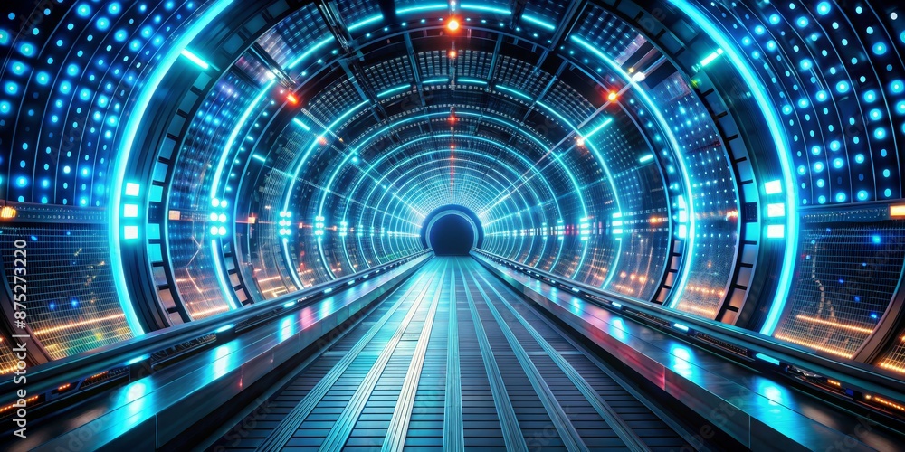 Futuristic Tunnel with Blue Neon Lights and Moving Walkway Futuristic Tunnel with Blue Neon Lights and Moving Walkway