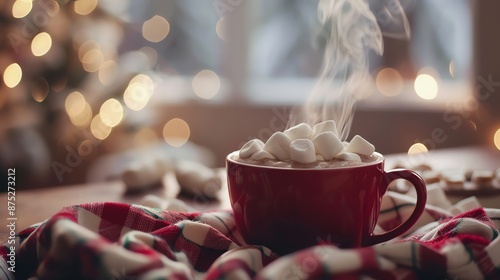 Steaming hot cocoa with marshmallows in a cozy setting, food, winter warmth