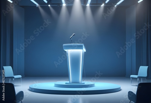 A grand, ornate podium or lectern made of wood and gold-colored decorative elements, set in a large, ornate interior space mockup