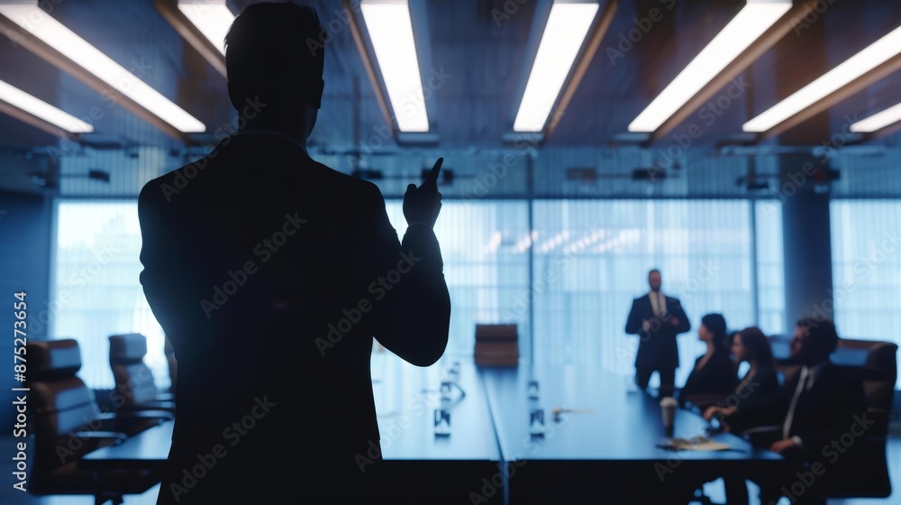 Manager silhouette in a law firm office, directing case management team, front angle, photorealistic Manager silhouette in a law firm office, directing case management team, front angle, photorealistic