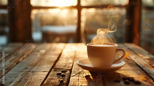 Steaming hot cup of coffee on a rustic table, food, morning warmth