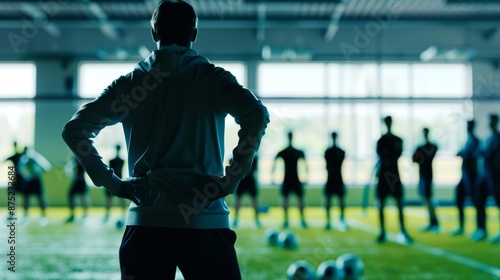 Fototapeta Naklejka Na Ścianę i Meble -  Manager silhouette in a sports facility, directing team training, front angle, photorealistic