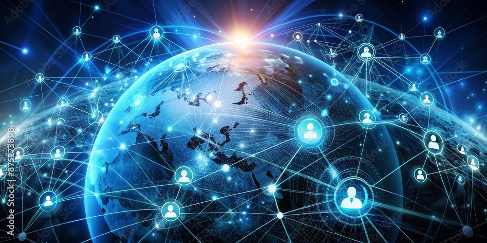 Global Network Connections, Digital Earth, People Icons, Blue, Digital Global Network Connections, Digital Earth, People Icons, Blue, Digital