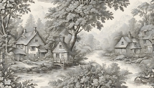 Wallpaper Mural Grayscale illustration of a serene lakeside scene with a large house, sailboats on the water, and mountains in the background, framed by detailed foliage and flowers, Generative AI. Torontodigital.ca