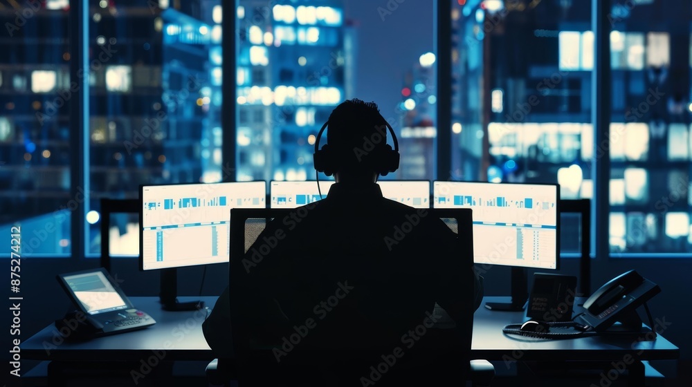 Silhouette of a manager with operations interface, busy call center, nighttime, wide angle, photorealistic Silhouette of a manager with operations interface, busy call center, nighttime, wide angle, photorealistic