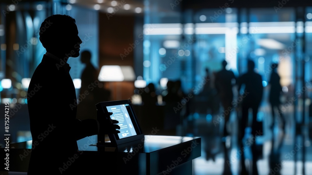 Silhouette of a manager with guest services interface, busy hotel reception, nighttime, wide angle, photorealistic Silhouette of a manager with guest services interface, busy hotel reception, nighttime, wide angle, photorealistic