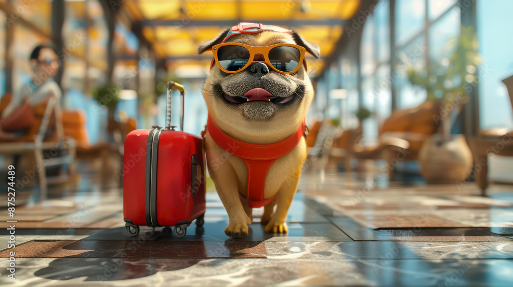 Funny dog traveler with travel bag and coffee cup in airport terminal, travel vacation summer holiday concept. Funny dog traveler with travel bag and coffee cup in airport terminal, travel vacation summer holiday concept.