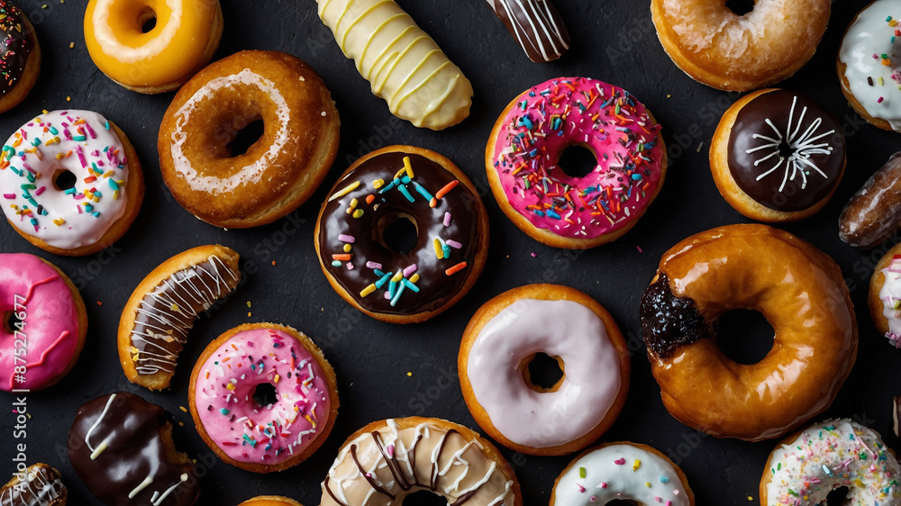 Flat lay image with variety of donuts and other pastries and sweets on black background
