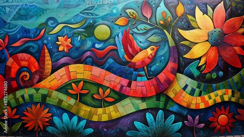 A mural incorporating elements of Latin American folk art, vibrant hues, digital painting, high resolution, cultural motifs
