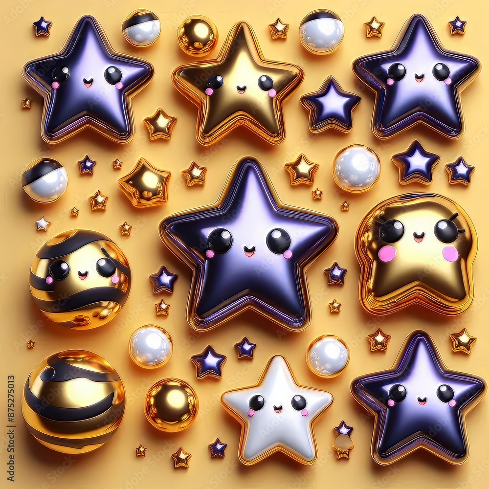 A playful pattern of golden and purple stars with happy faces against a yellow background. A playful pattern of golden and purple stars with happy faces against a yellow background.