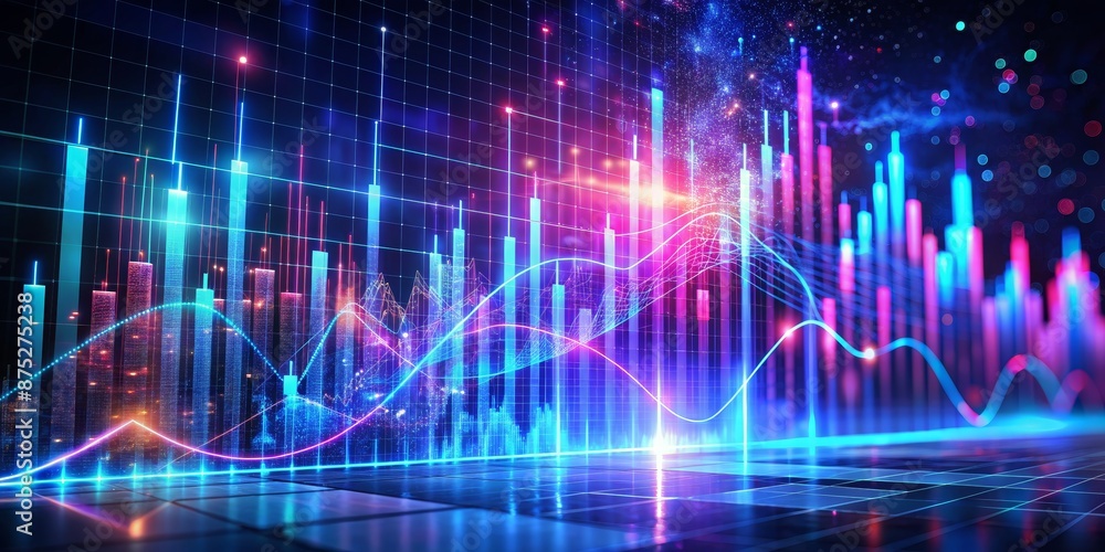 Neon Glowing Financial Charts Stock Market Growth and Trend, Digital Data, Investment, Technology, Abstract Background Neon Glowing Financial Charts Stock Market Growth and Trend, Digital Data, Investment, Technology, Abstract Background