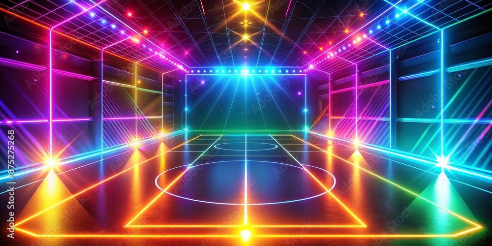 Neon Glowing Lines and Shapes on a Basketball Court 3D Rendering Neon Glowing Lines and Shapes on a Basketball Court 3D Rendering